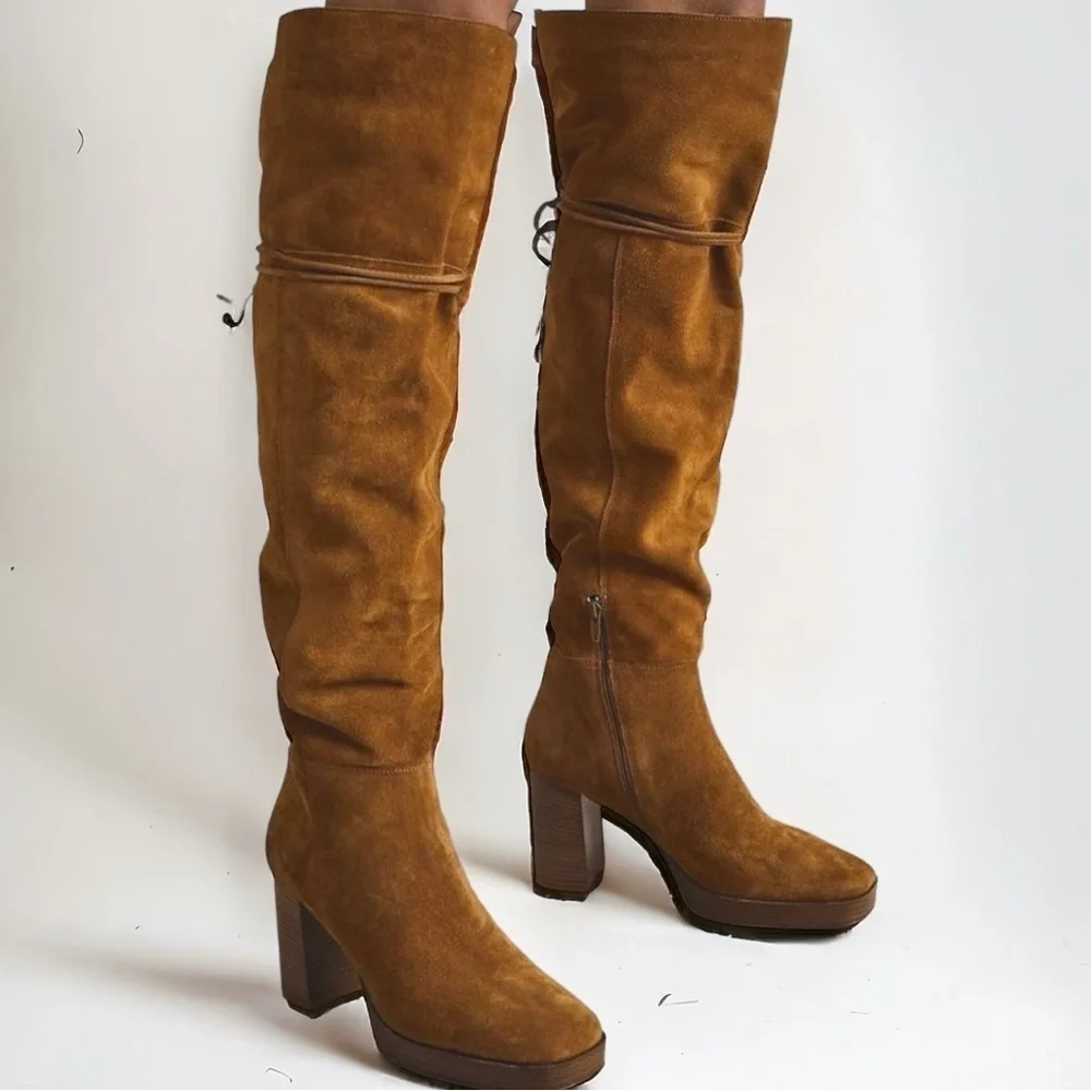 NWT FREE PEOPLE Suede Echo Platform Over The Knee Boots in Cognac